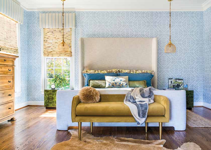 patterned diamond blue and white wallpaper in bedroom of historic home in Nashville