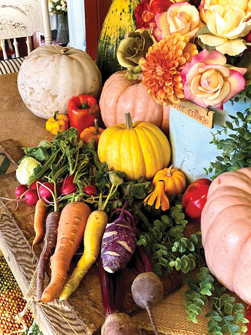 farmers market fall bounty with pink yellow and white pumpkins and multi colored carrots