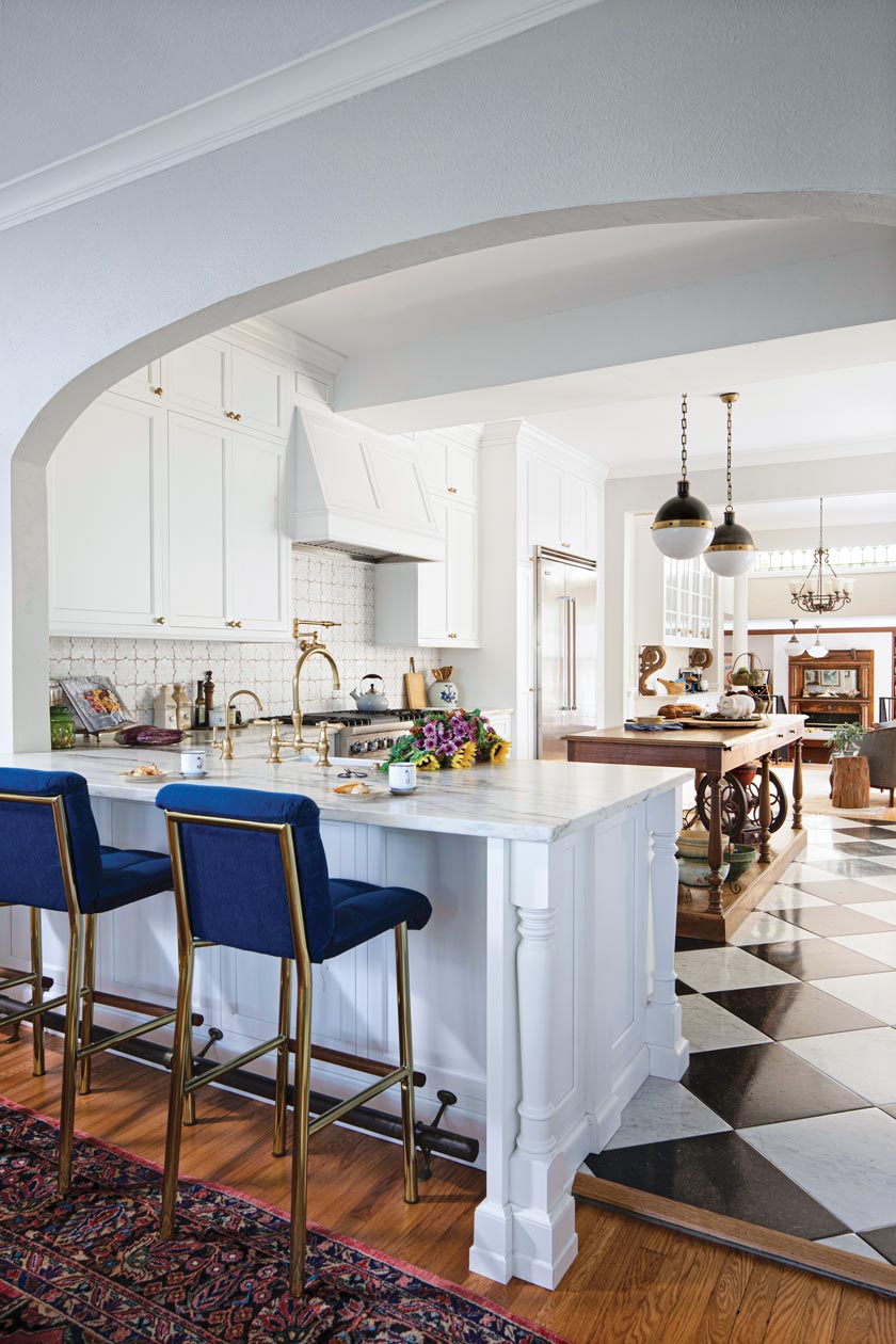 island counter with blue bar stools