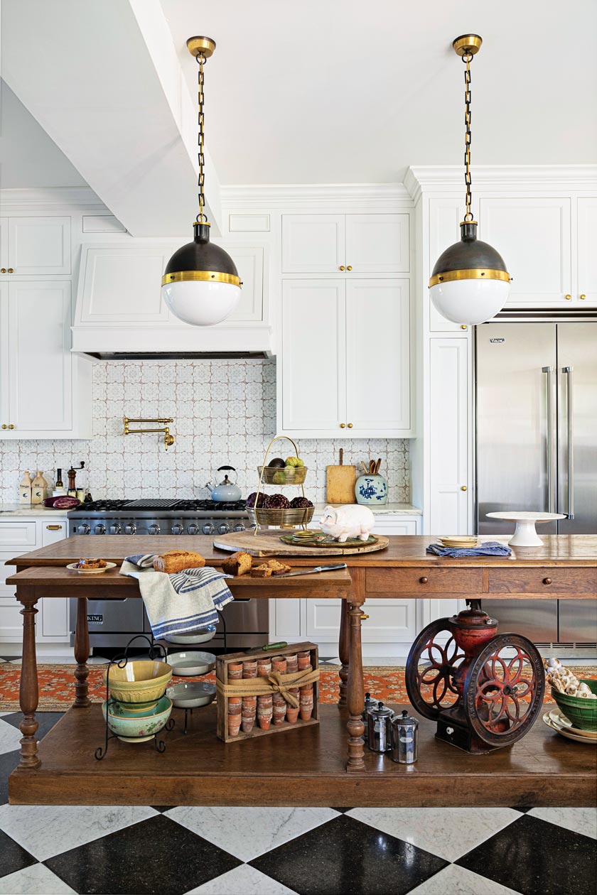 Art Deco pendant lighting in 1920s remodeled kitchen in Florida