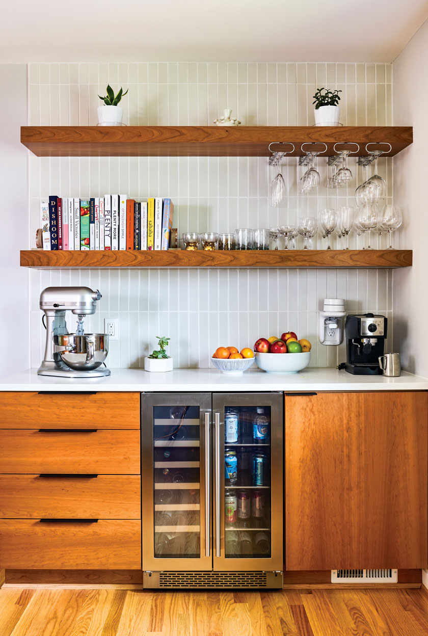 exposed shelving thin rectangular backsplash tile in home beverage center