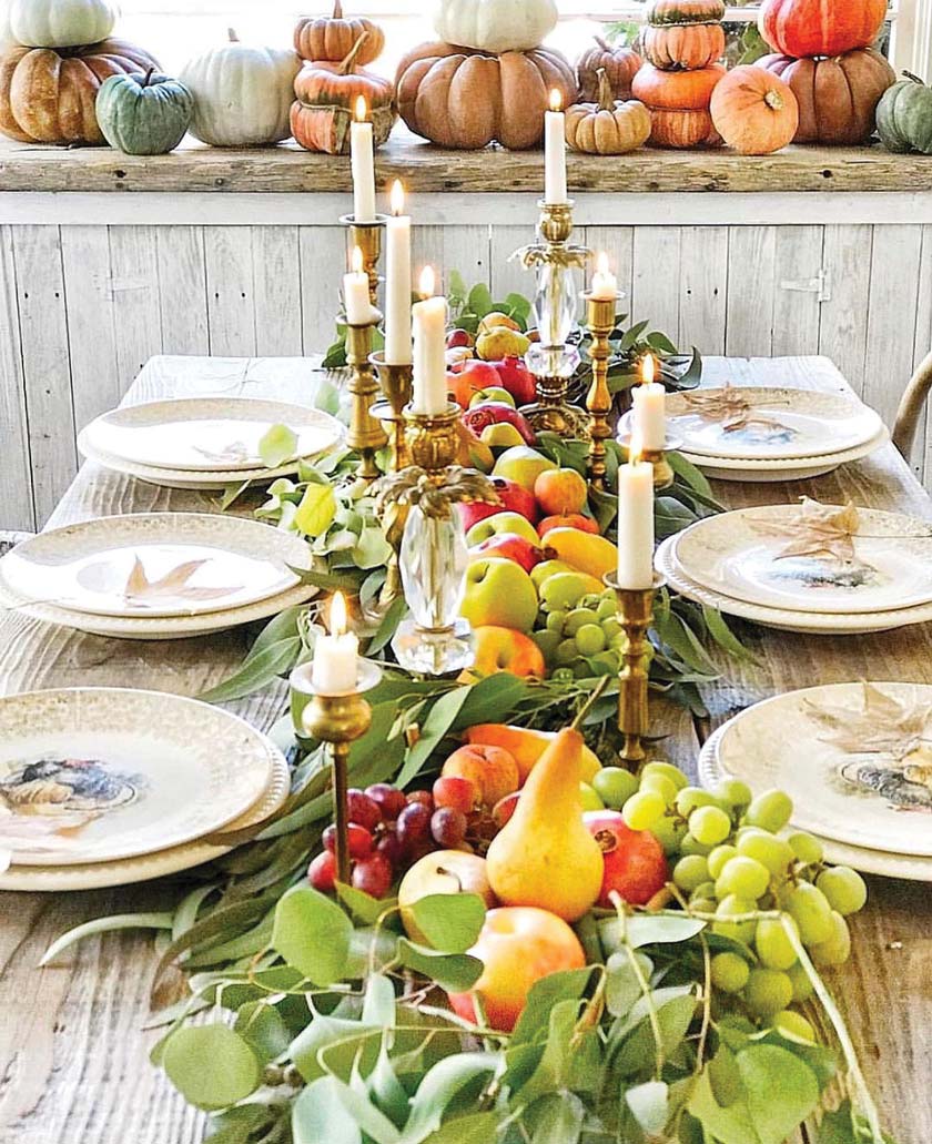 farmers market fall living table runner of fresh fruit and leaves