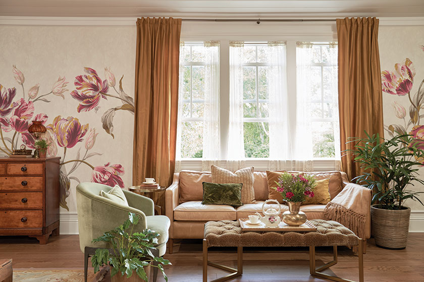 guest suite sitting area with beige and soft greens and pinks