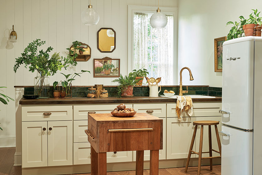 neutral colored kitchen with vintage style fridge