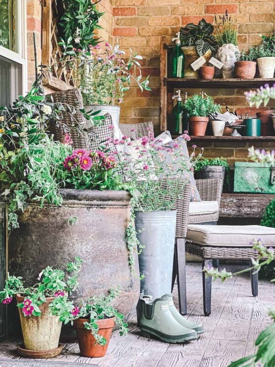 patio with vintage and antique pots and gardenalia