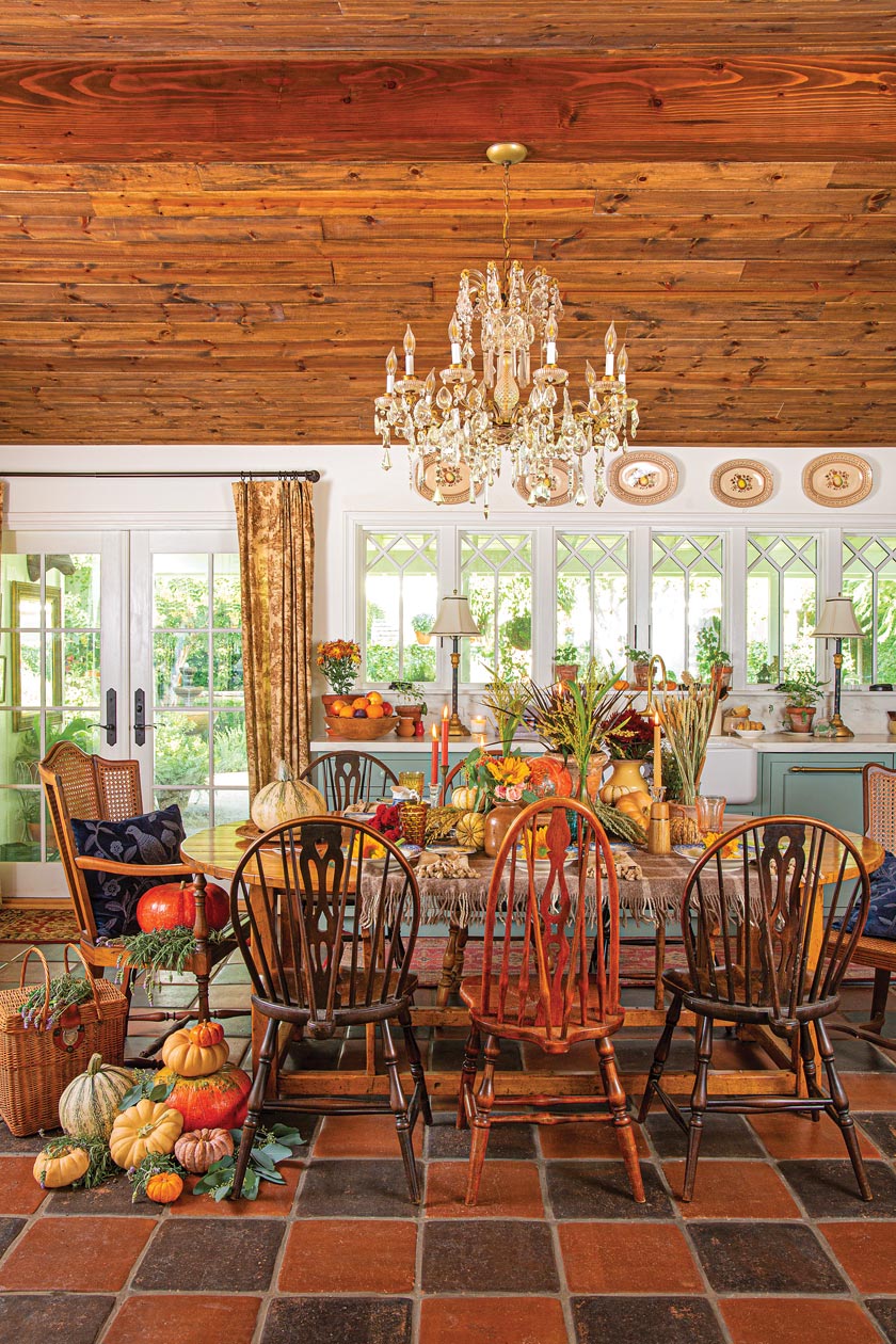 chandelier and checkered tile floor in renovated California home