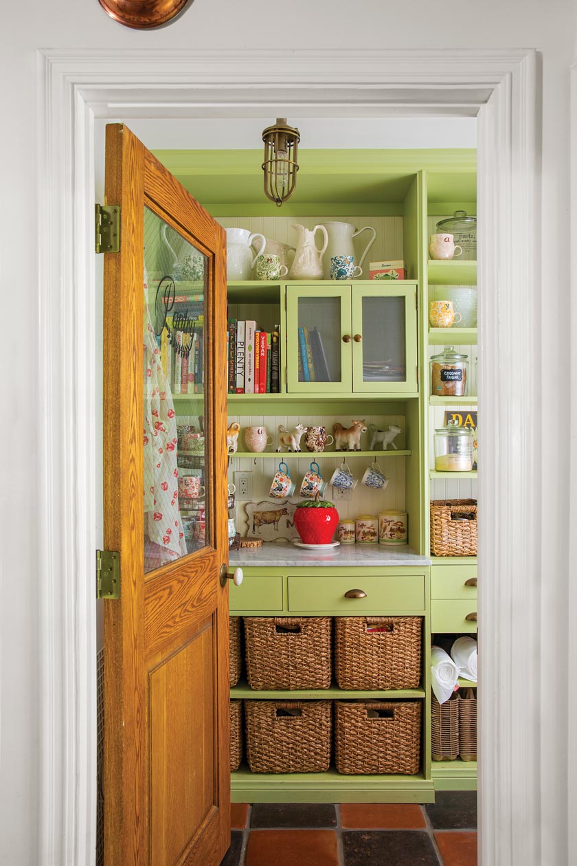 lime green cupboards in butler's pantry