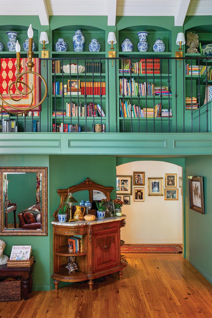 library and blue and white porcelain collection in maximum style cottage in California
