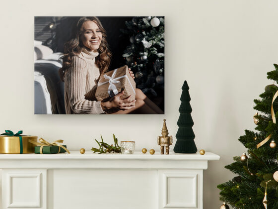 large canvas print as holiday decor above mantel