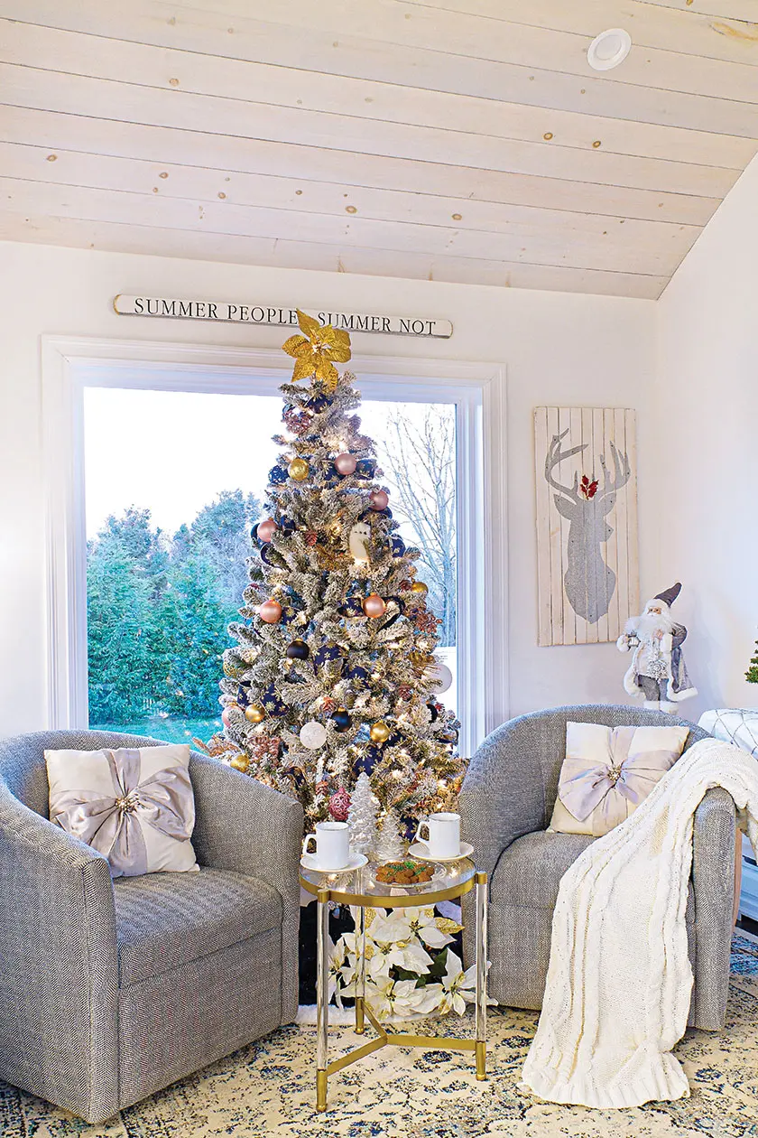 neutral themed tree in Cape Cod home decorated for holiday memories