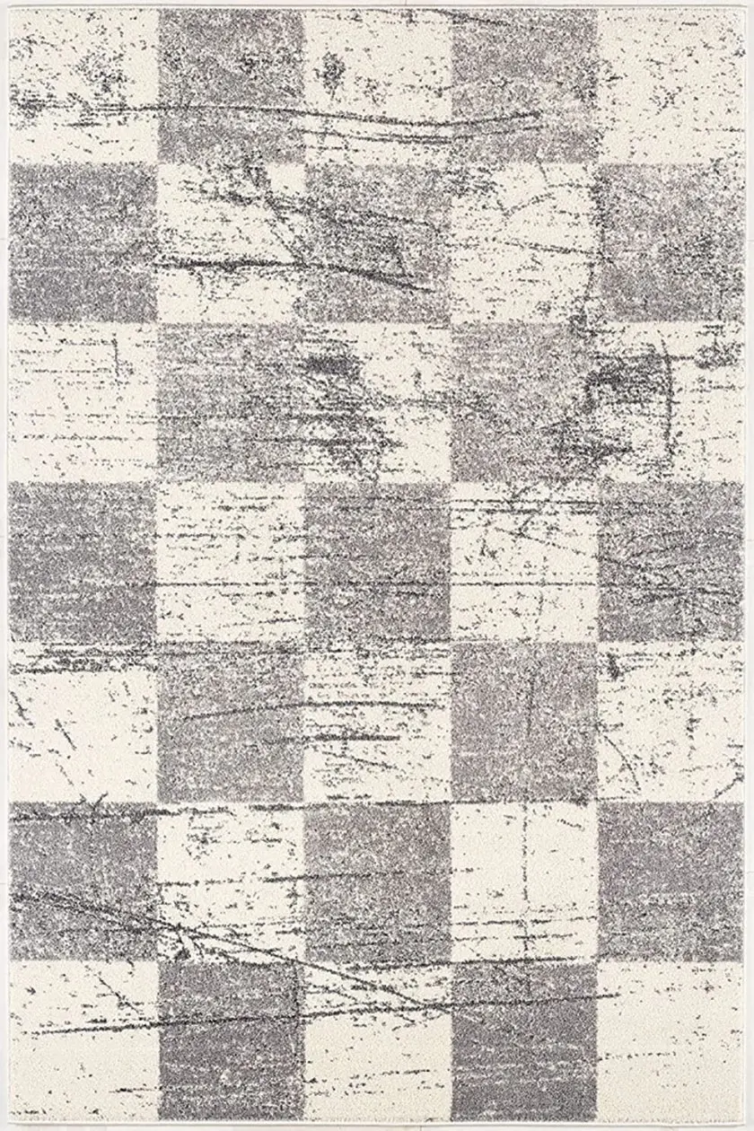 white and gray rug with distressed pattern