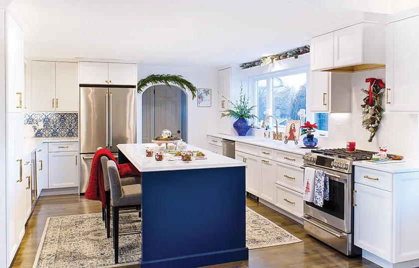 Cape Cod kitchen with fresh holiday greenery for Christmas