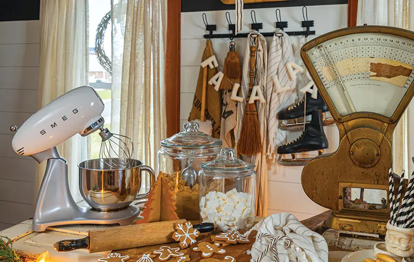 vintage food scale and gingerbread cookies and decorative vintage ice skates