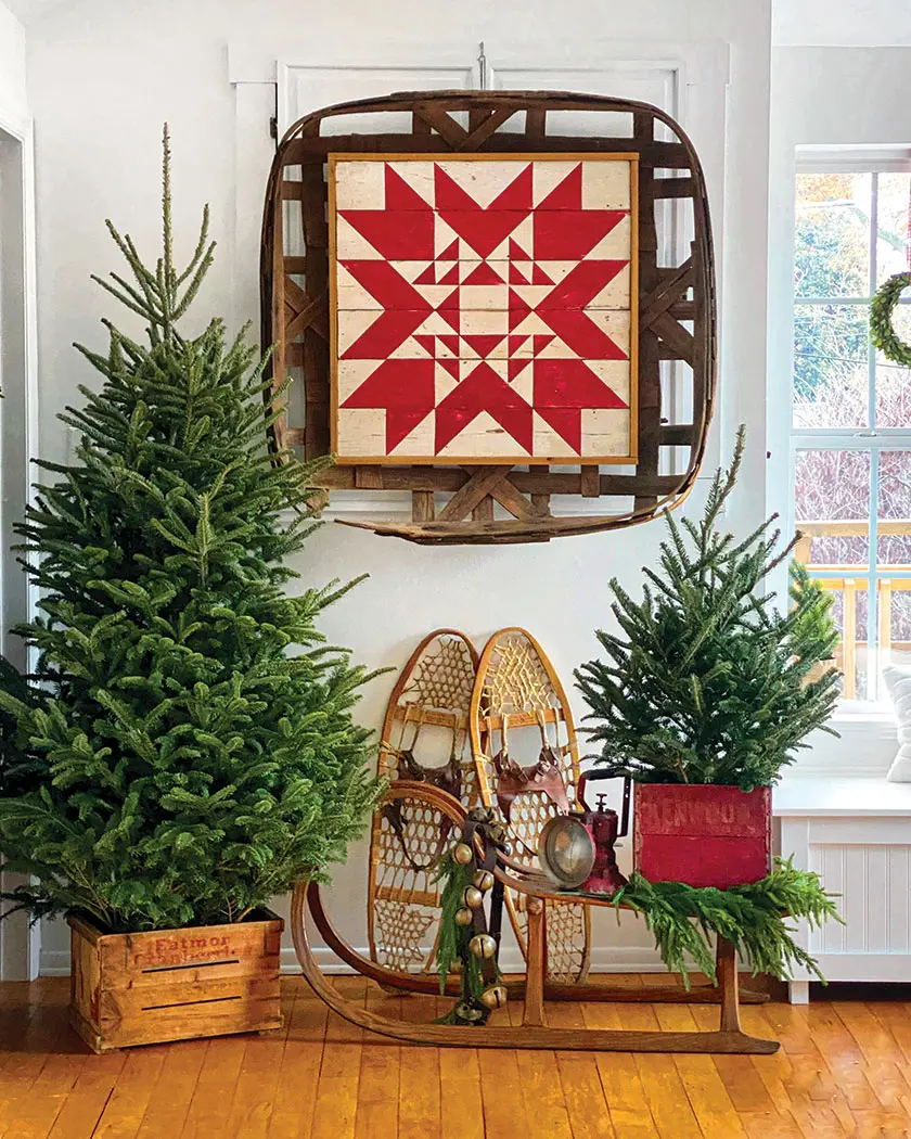 antique snowshoes and sled in historic Christmas home