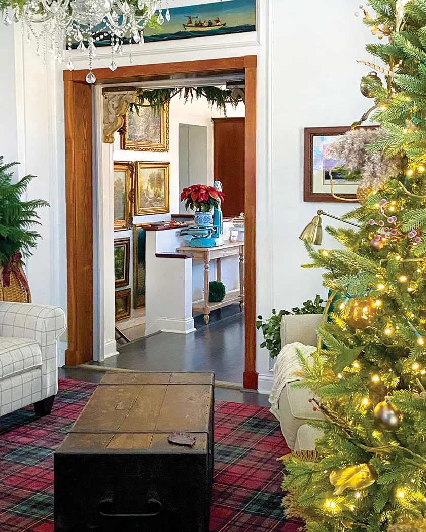 chandelier and festive greenery in historic Christmas home