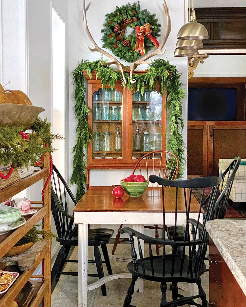 cedar garland and Christmas wreath in historic Christmas home