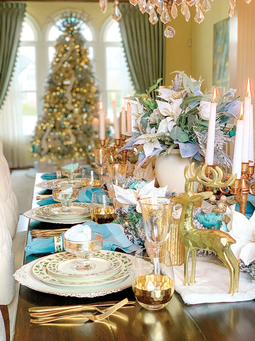 blue and metallic Christmas tablescape