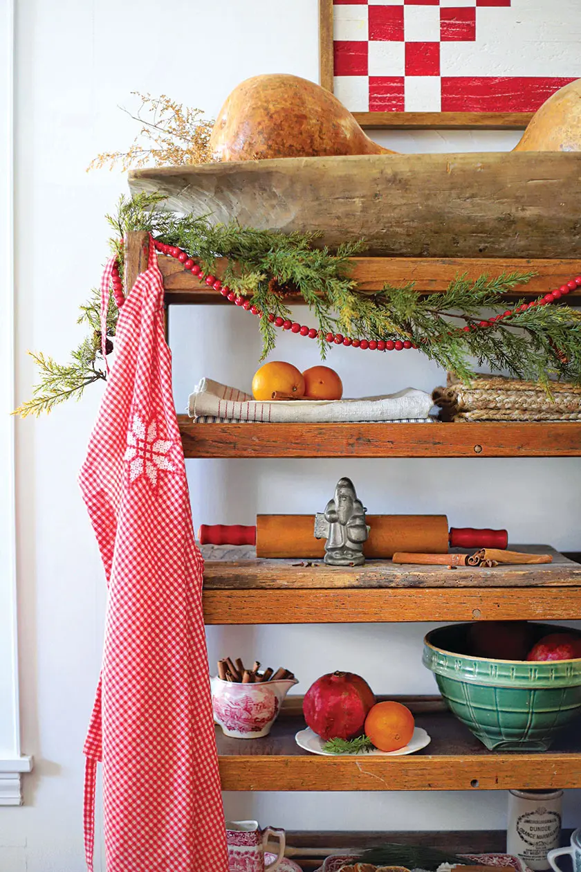 cedar garland red beads and antique rolling pin au natural Christmas decor