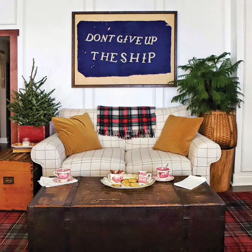 living room with antique chests and tree in wooden box and vintage woven basket