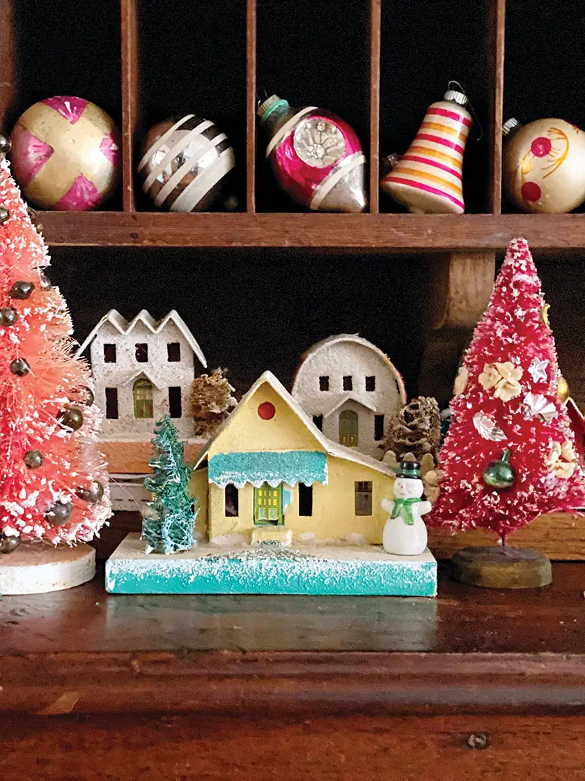 vintage ornaments and bottlebrush trees