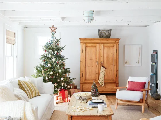 Christmas tree and small potted tree in Christmas cottage with natural and vintage decor