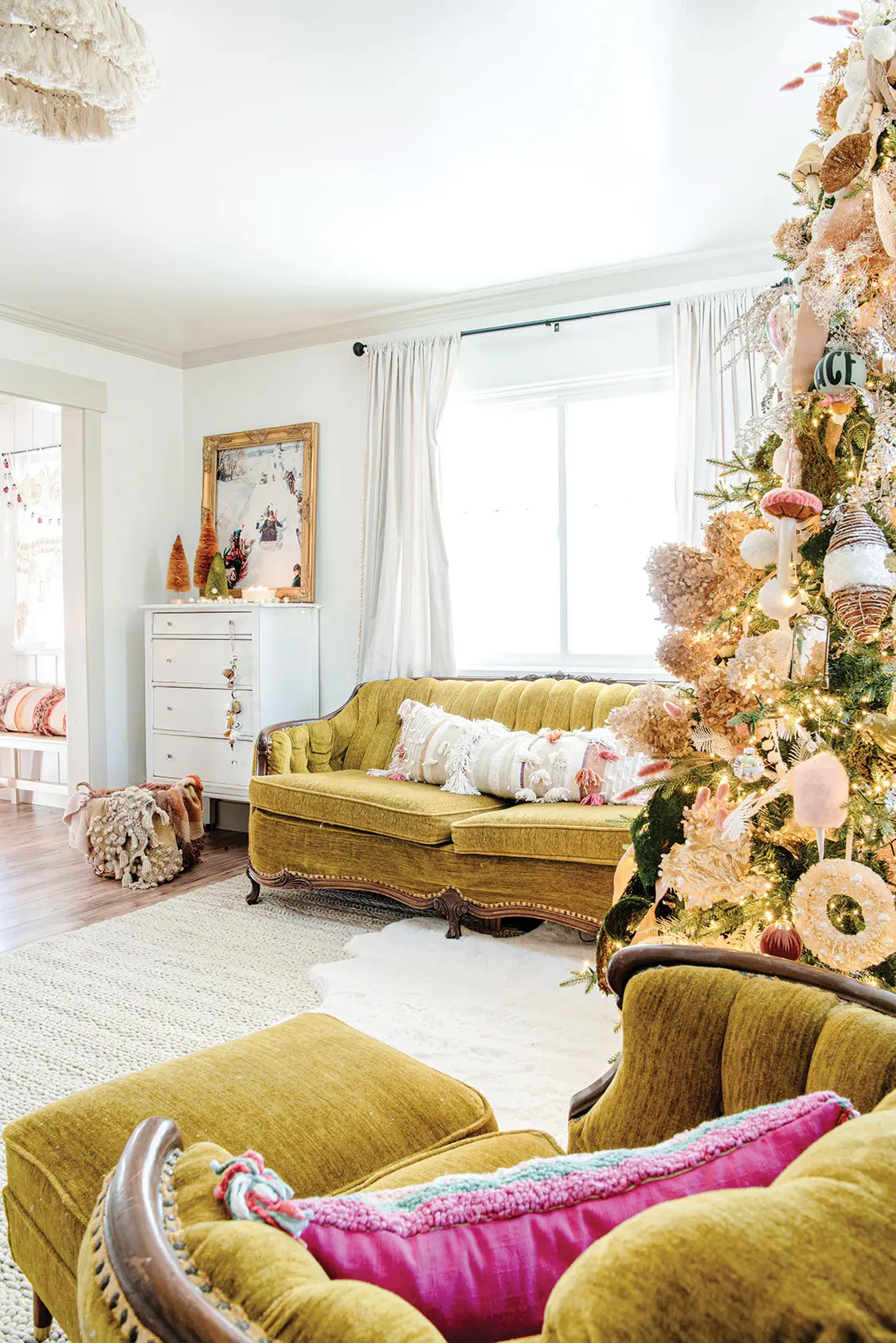 vintage furniture and Christmas tree with soft neutral color palette