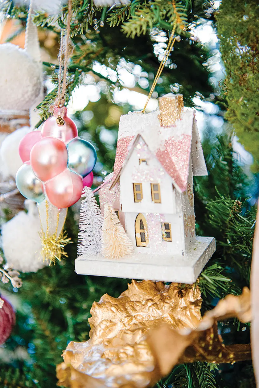 soft pink green and blue and beige and white Christmas ornaments