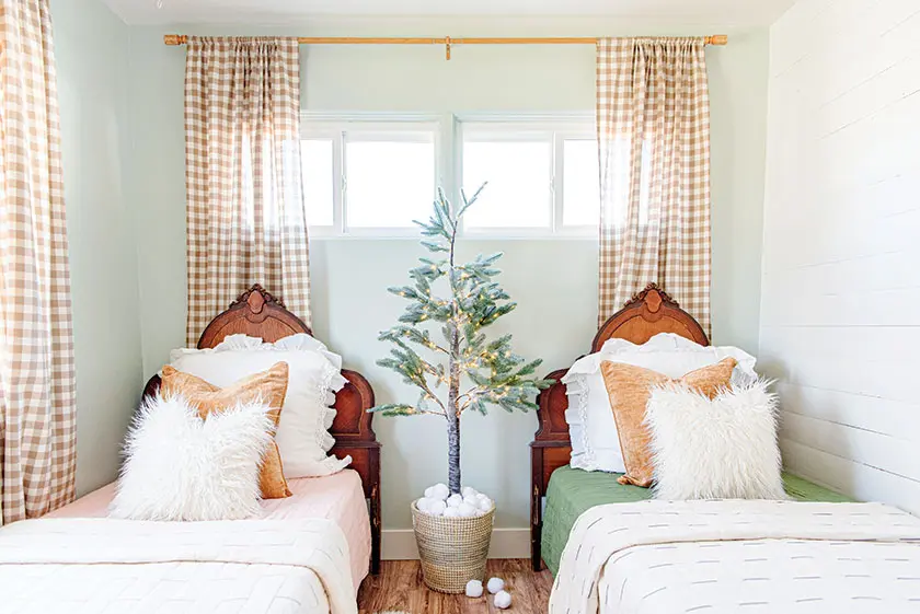 tree in woven basket in kids room in Utah home