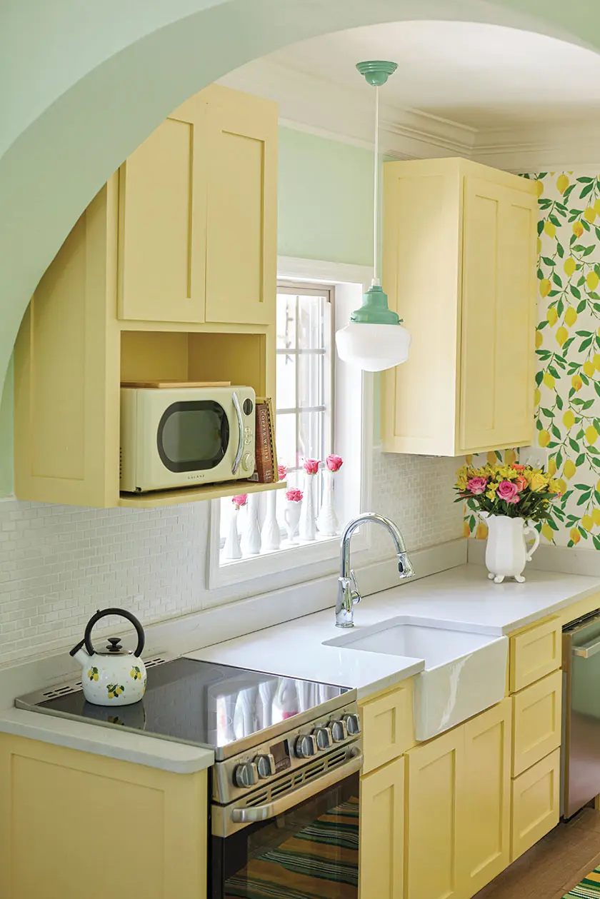 yellow cabinets and lemon wallpaper in Annie Villa