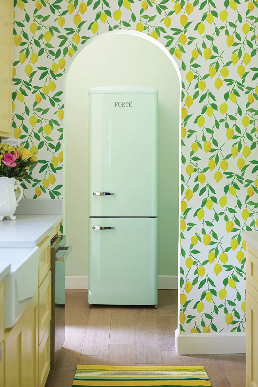 vintage style fridge and lemon wallpaper in the Annie Villa