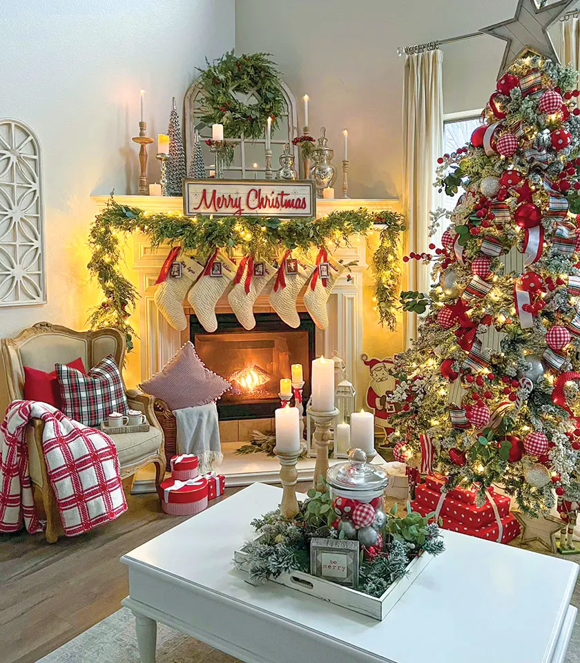 red and white traditional Christmas theme with plaid in magical holiday home