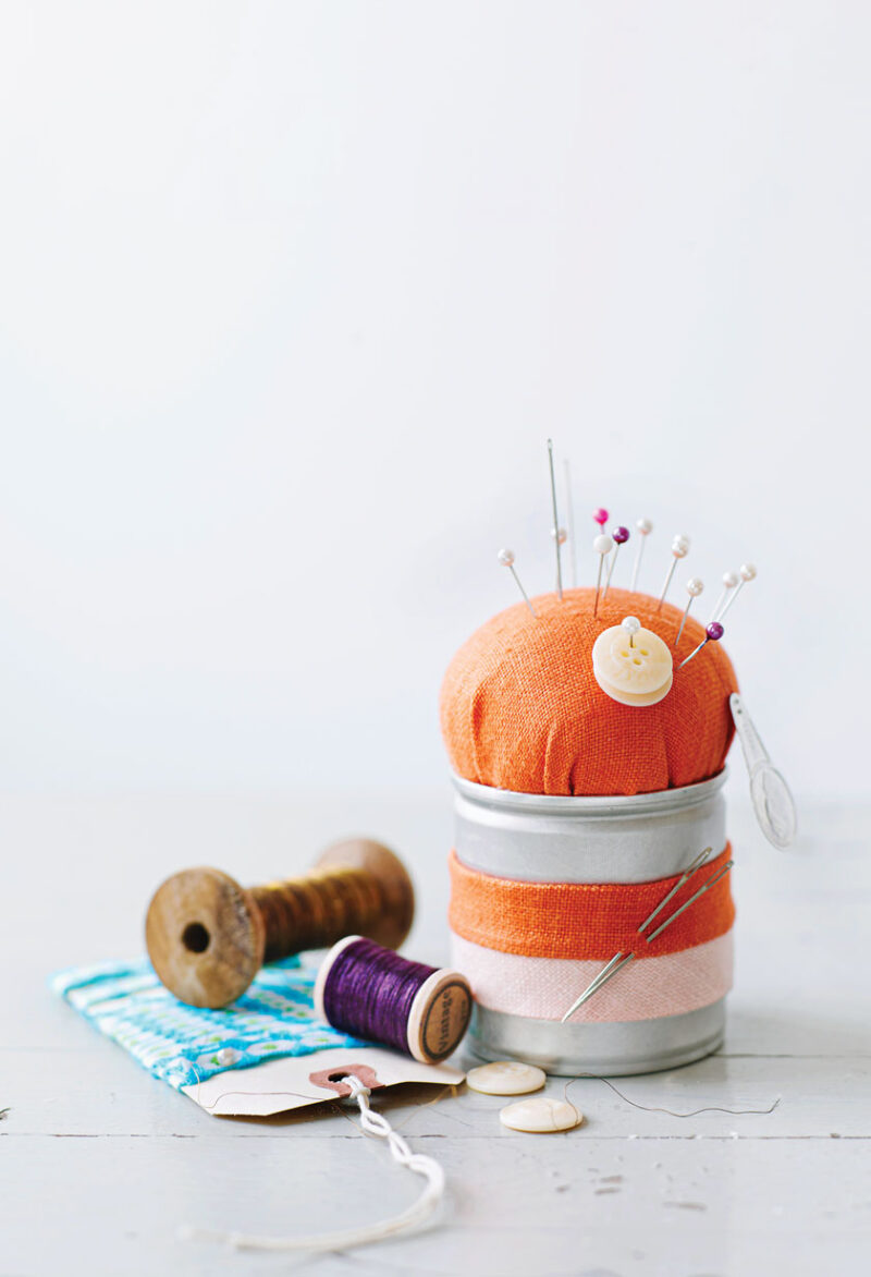 upcycled tin can pin cushion holder