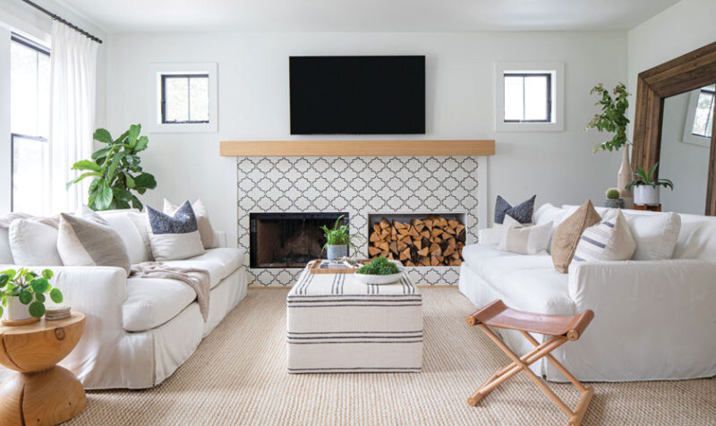 living room with white, sand and navy color scheme