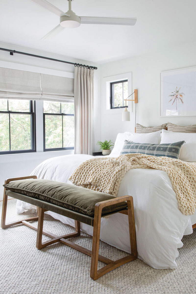 sophisticated beach bungalow bedroom with white and sand color palette