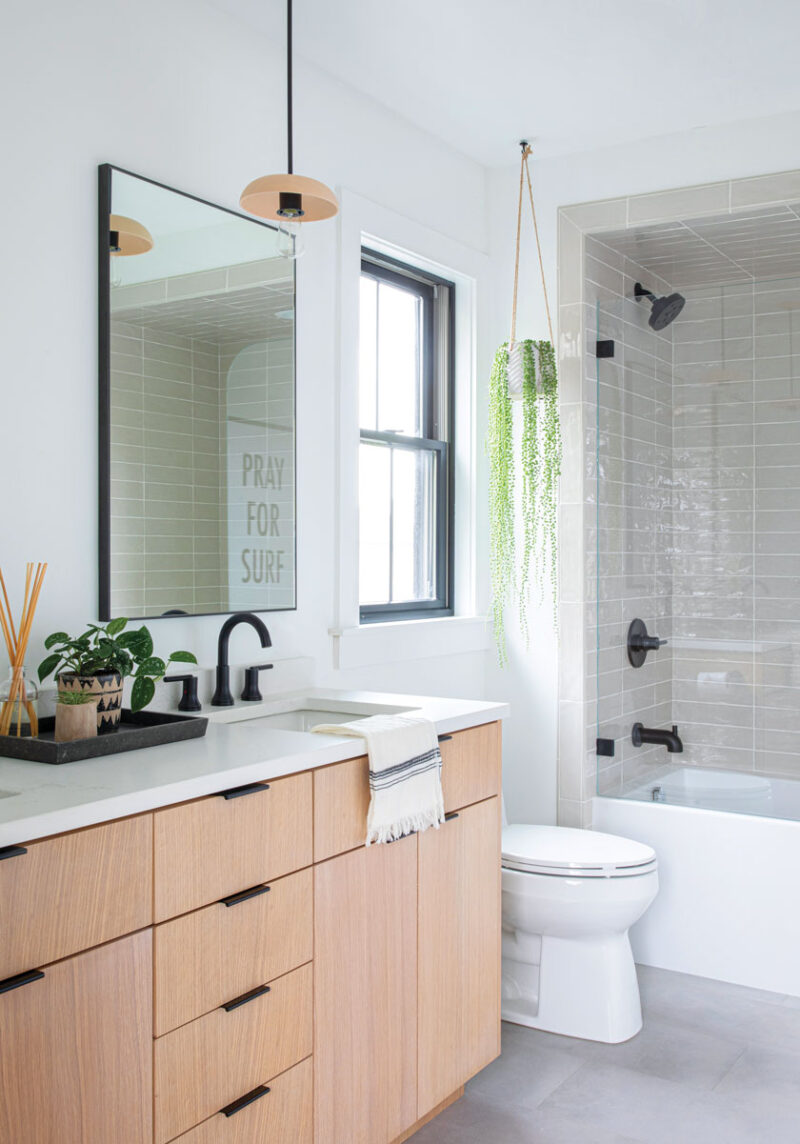 neutral bathroom with black accents and hanging plant