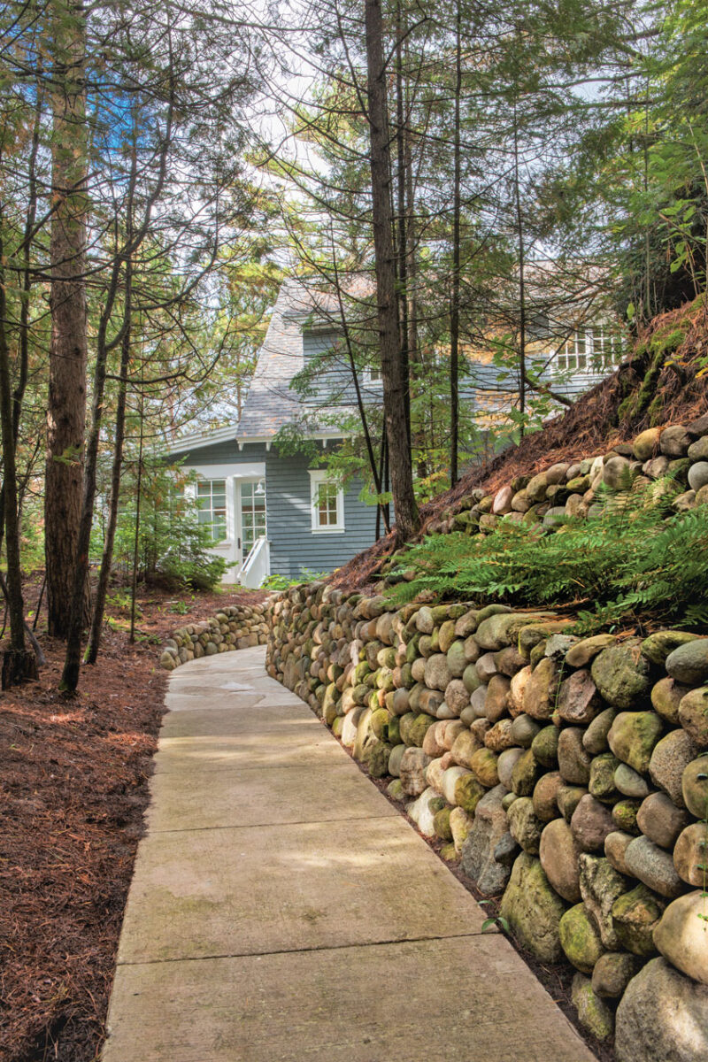 exterior walkway with stone border leading to Lake Michigan cottage