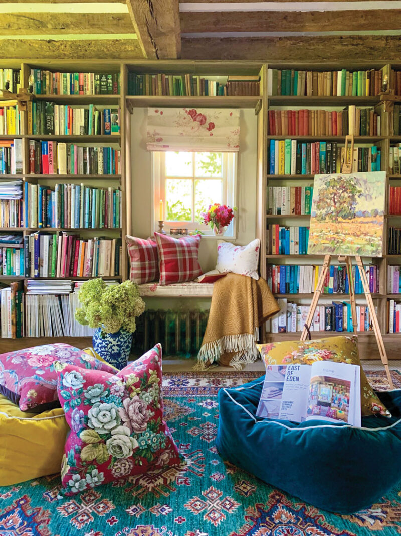 library and window bench seating in English countryside cottage