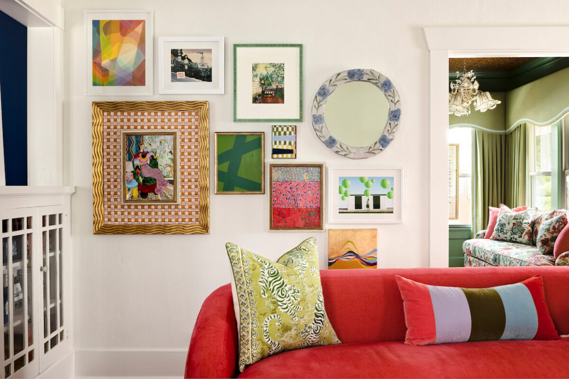 gallery wall and red sofa in Florida craftsman