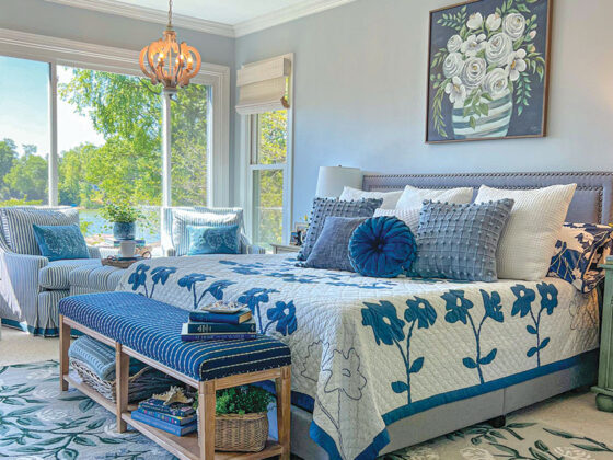 blue bedroom sanctuary in lakeside home