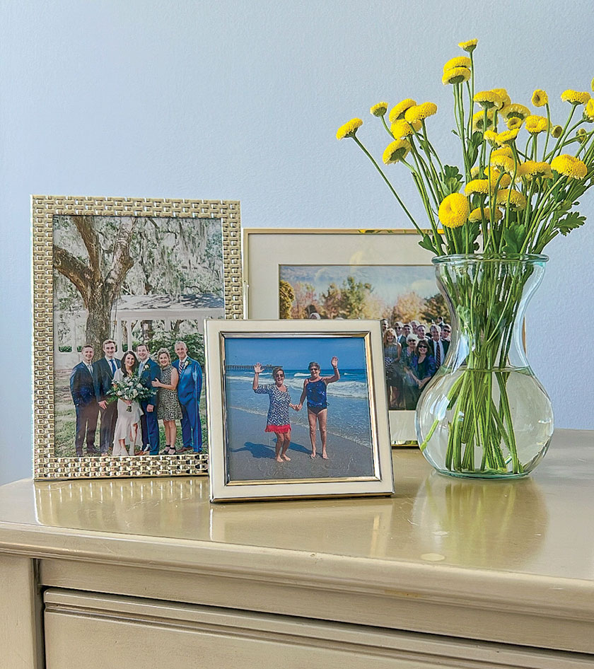 dresser photo vignette and fresh flowers