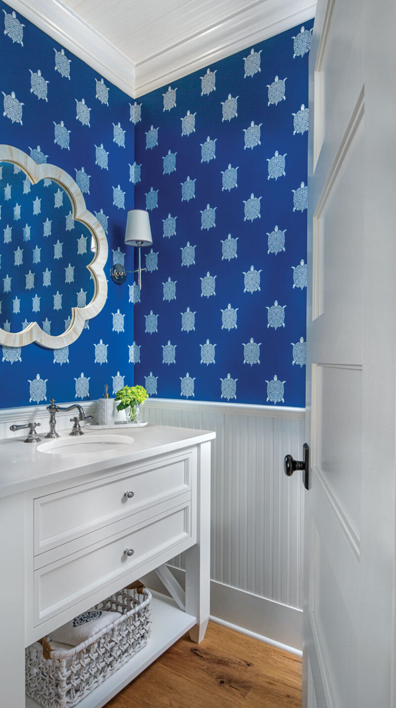 turtle patterned blue and white wallpaper in Lake Michigan bathroom