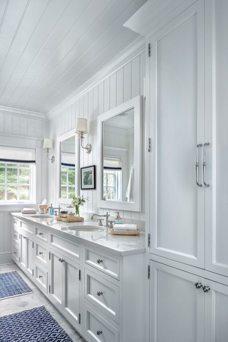 beadboard and white cabinetry in Lake Michigan cottage bathroom