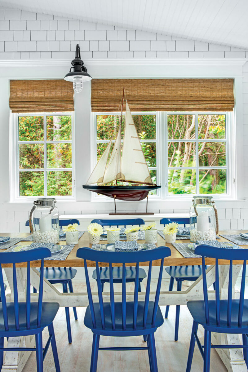 blue Windsor style dining chairs in three seasons porch