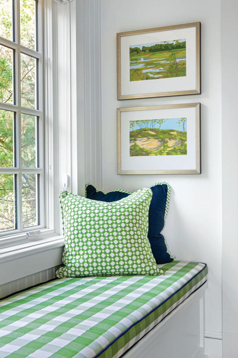 green checked window seat in Lake Michigan cottage