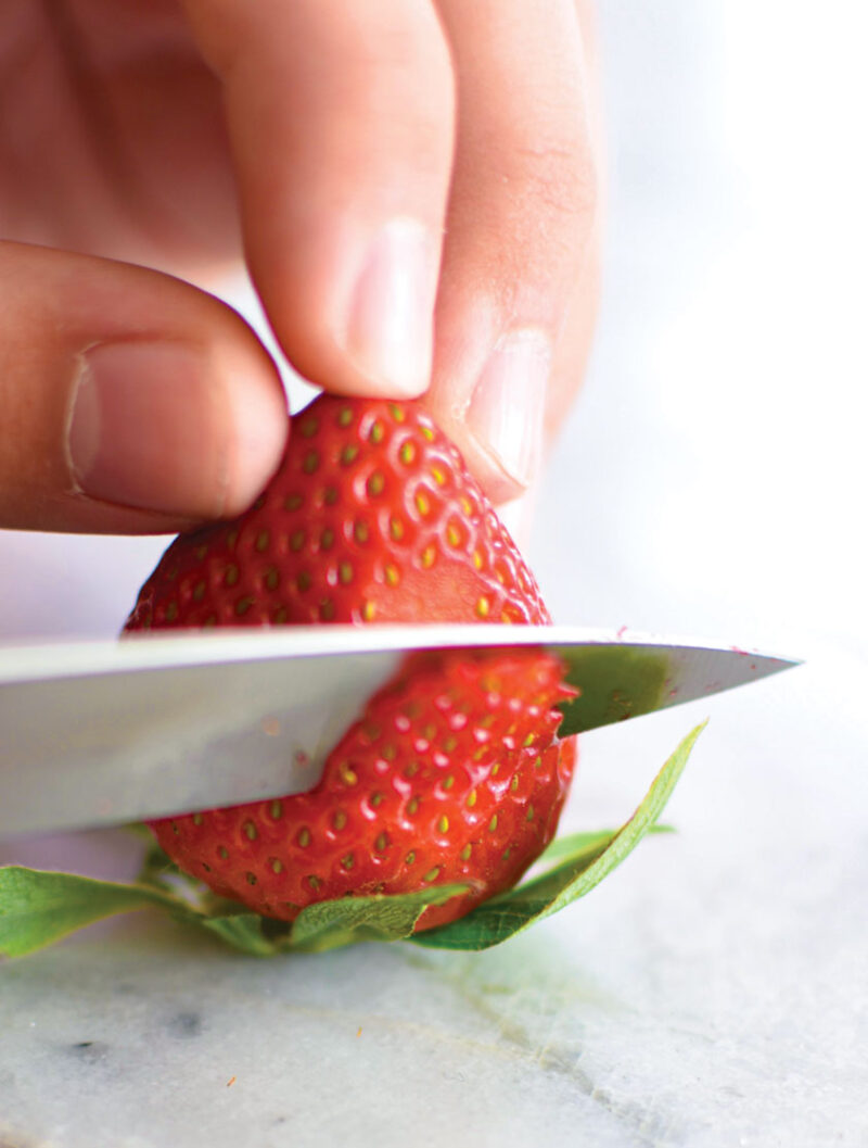 diagonal cuts to make strawberry look like a rose