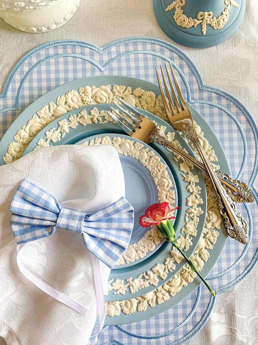 gingham and wedgewood style blue and white plates