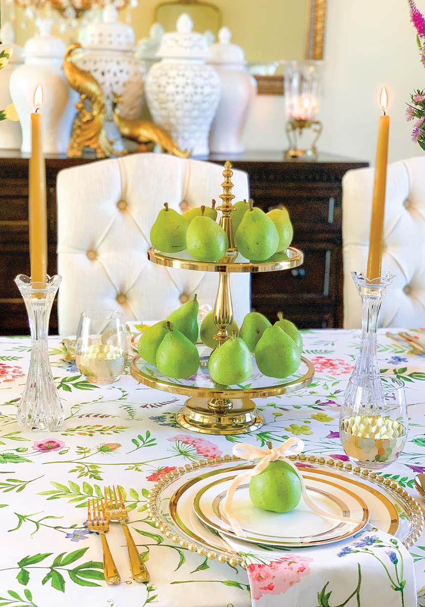 pears as centerpiece of floral tablescape