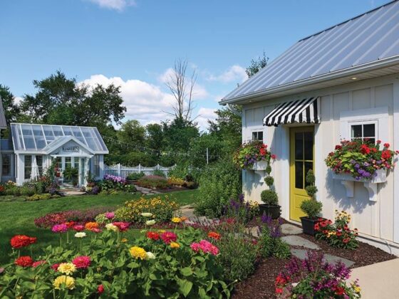 pool house with flower boxes and greenhouse