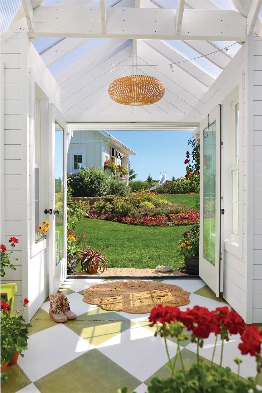 greenhouse with view to cottage gardens