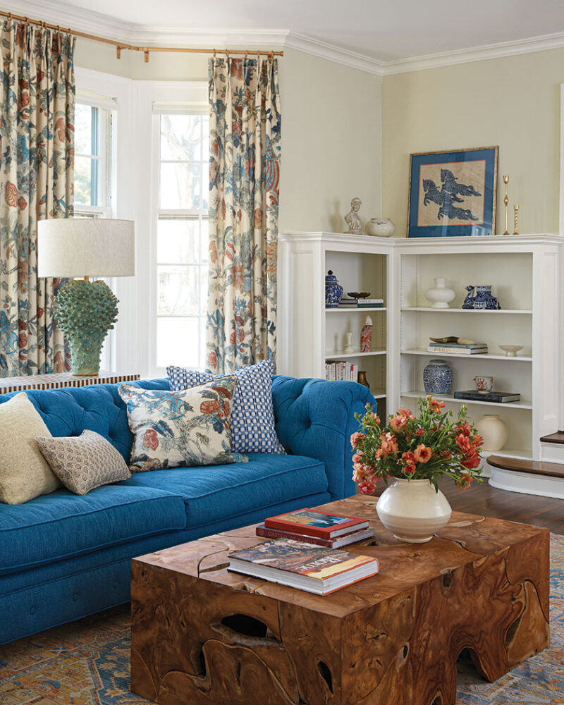 patterned curtains and coastal sea urchin style lamp in Sarah Storms designed living room